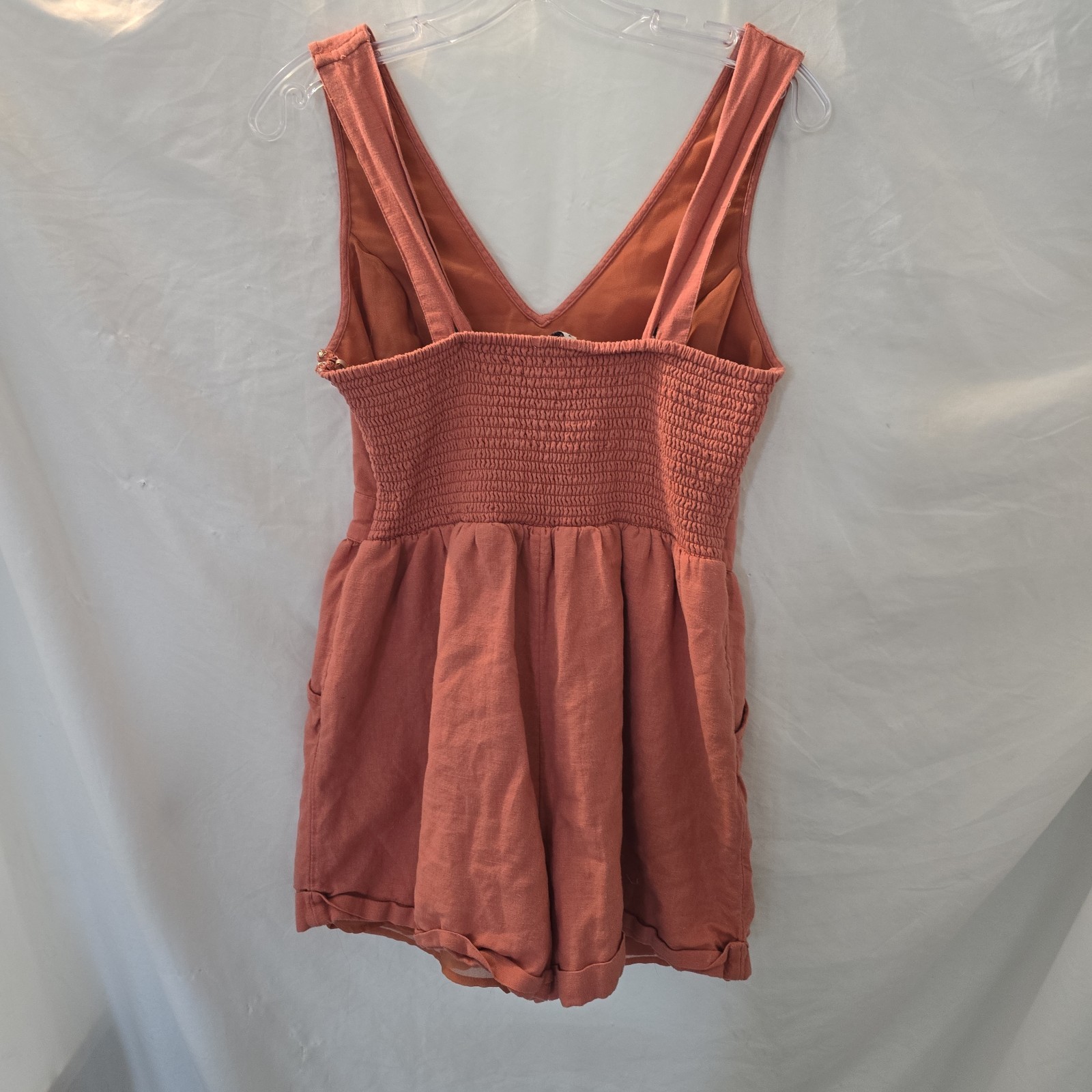 American Eagle Strappy Romper Coral Color Smocked Back Size M Cotton Linen Blend