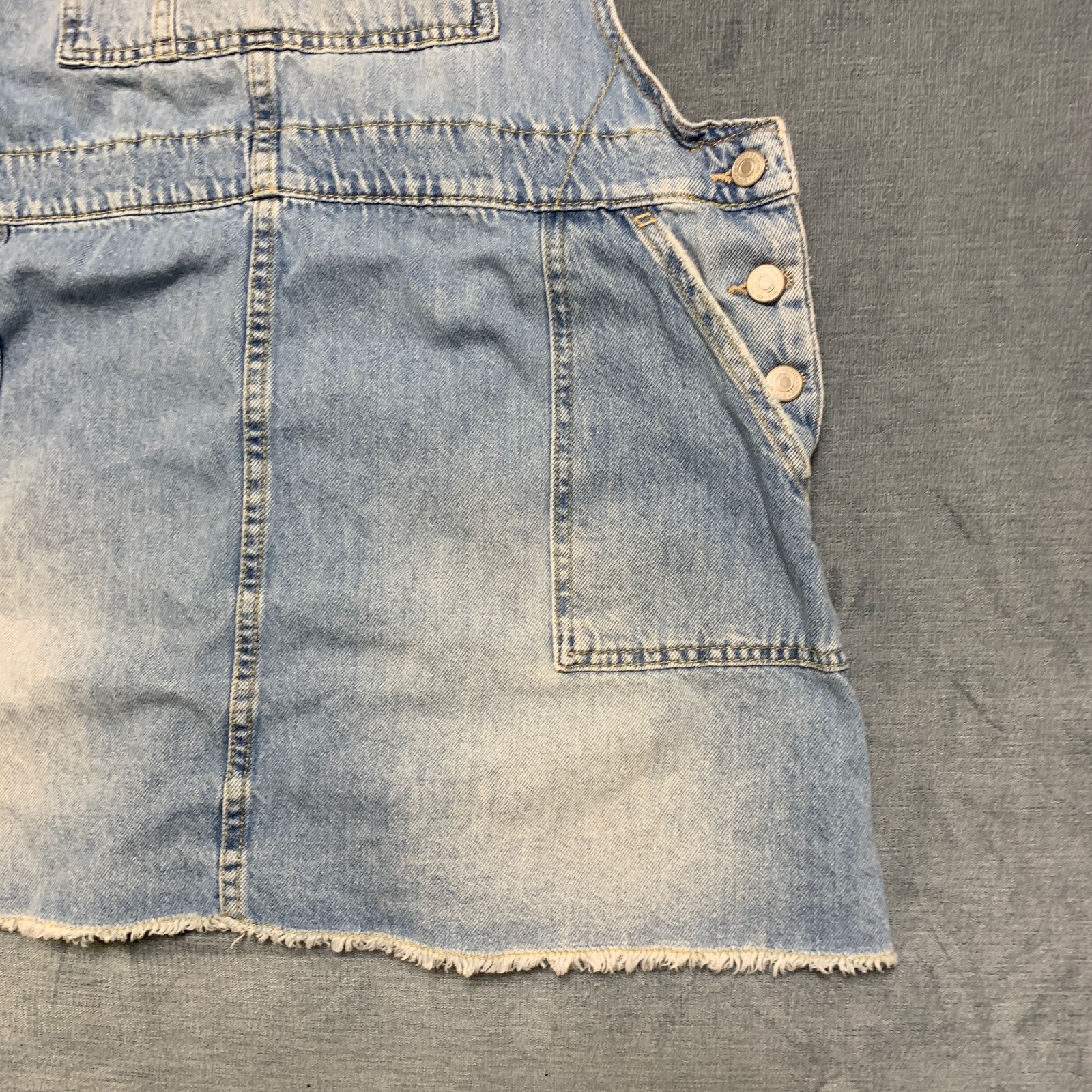 Free People Skirtall Womens XL Blue Denim Wide Straps Side Buttons Frayed Hem