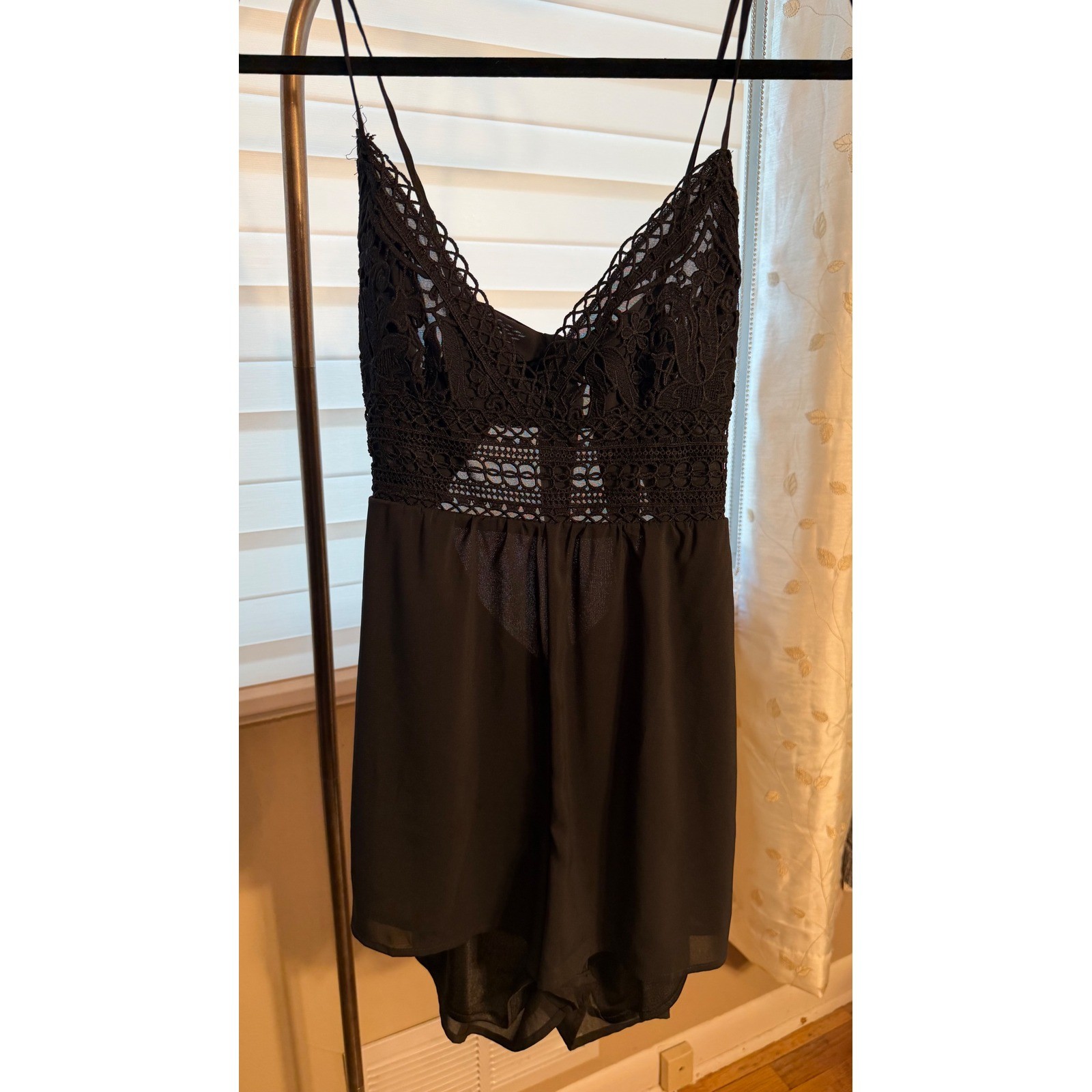 Black Crochet Lace V-Neck Sleeveless Romper with Tie Back Cutout Detail
