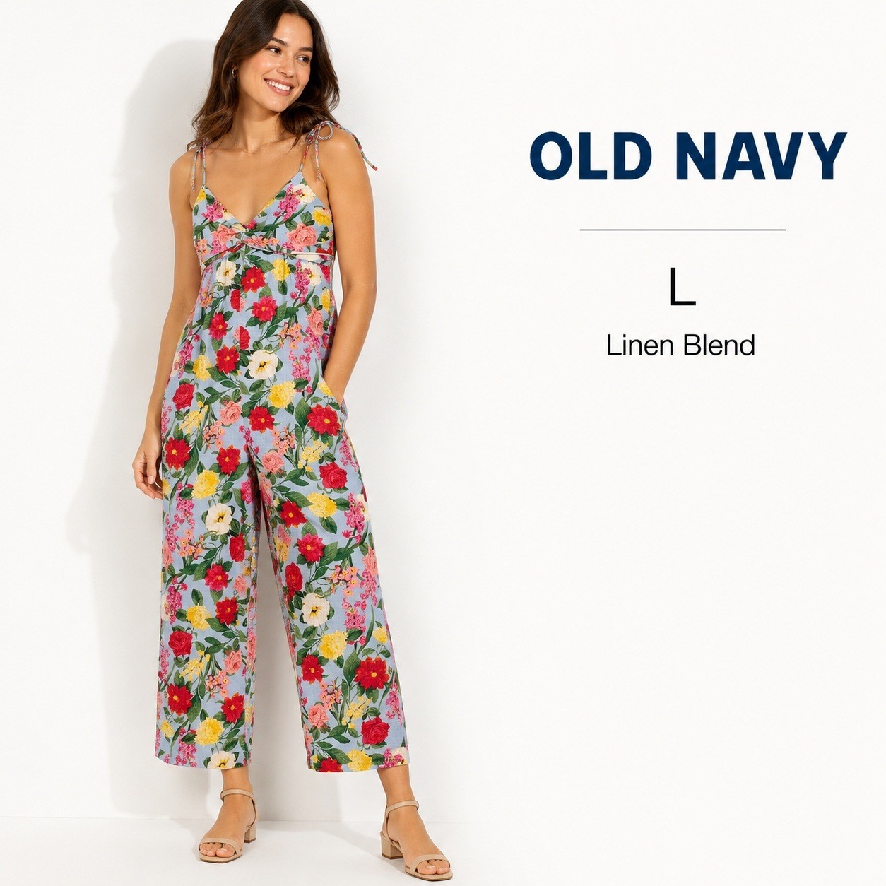 Old Navy Blue Floral Jumpsuit Womens L Linen Twist Front Wide Leg Boho Cottage