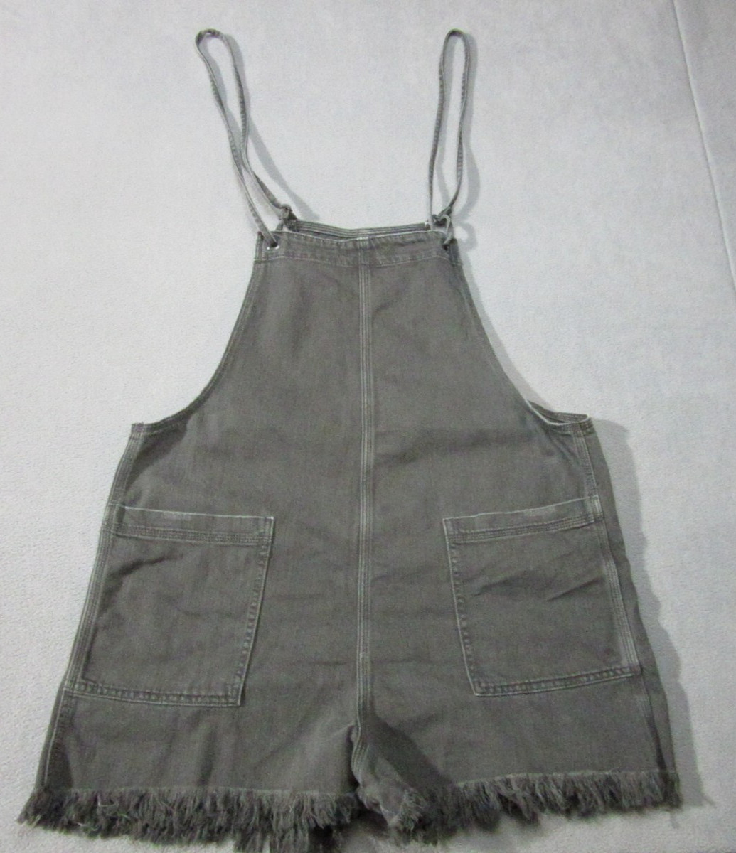 Aerie Shortalls Womens Large Gray Denim Stretch Adjustable Pockets Raw Fray Hem