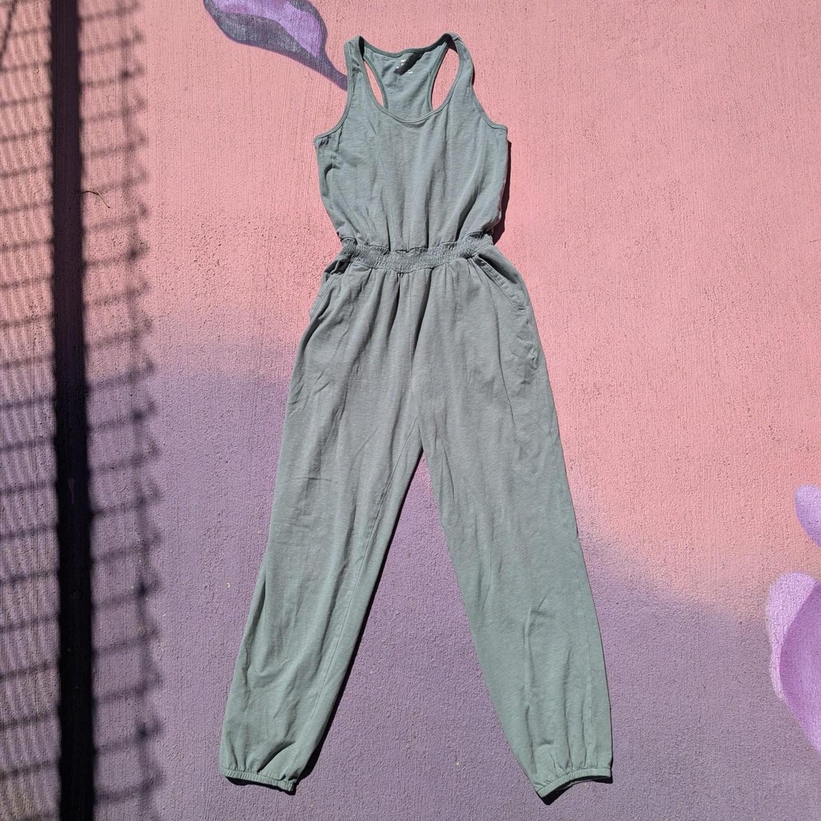 Aerie Real Me Sage Green Racerback Jogger Jumpsuit Pockets XS