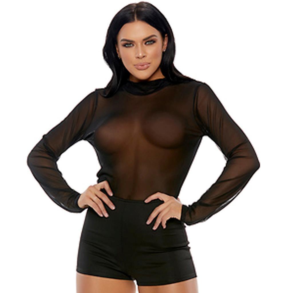 Sheer Top Romper Long Sleeves Open Back Button Zipper Black 886821 Large