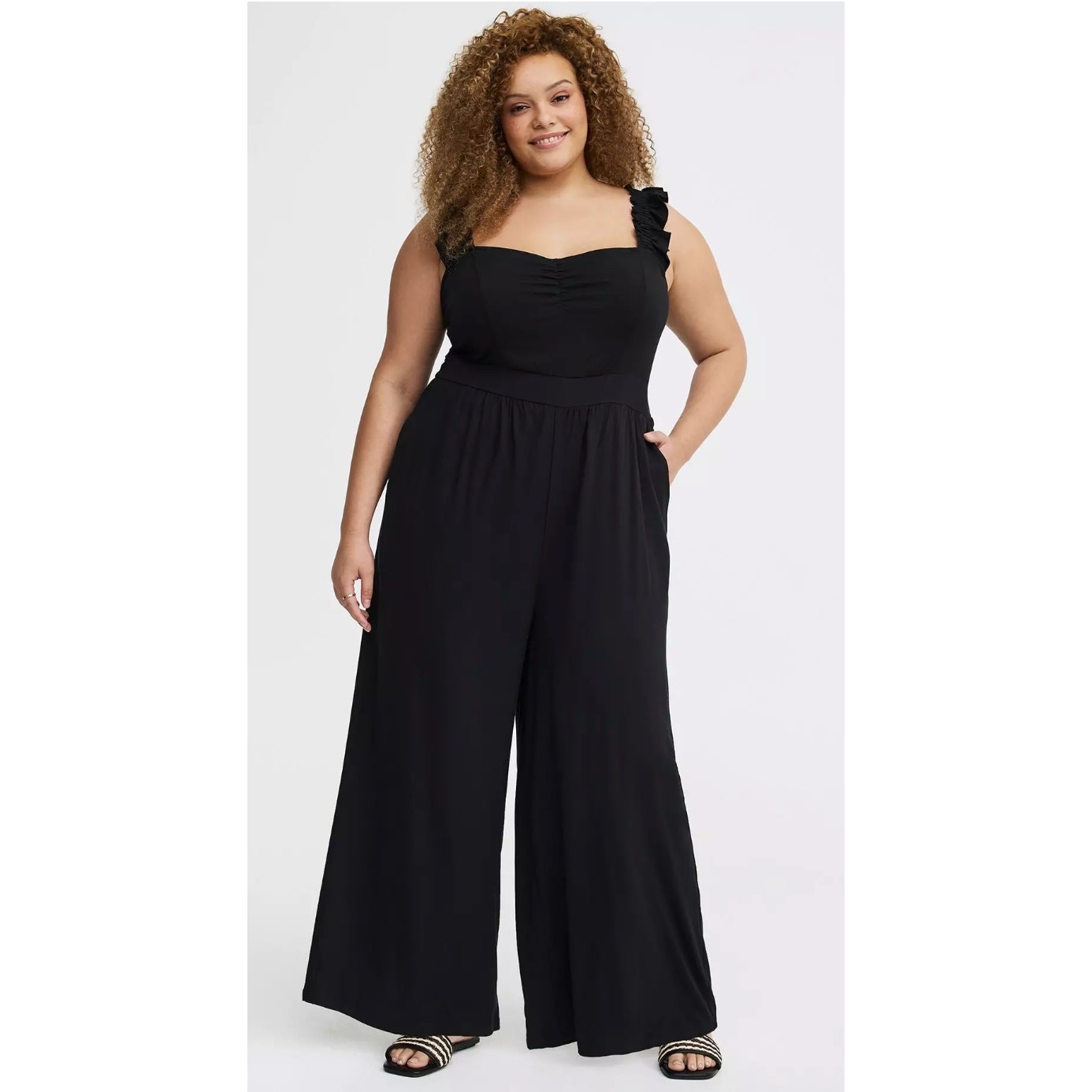 Torrid Stretch Challis Ruffle Strap Jumpsuit Black Womens Plus Size 3X New