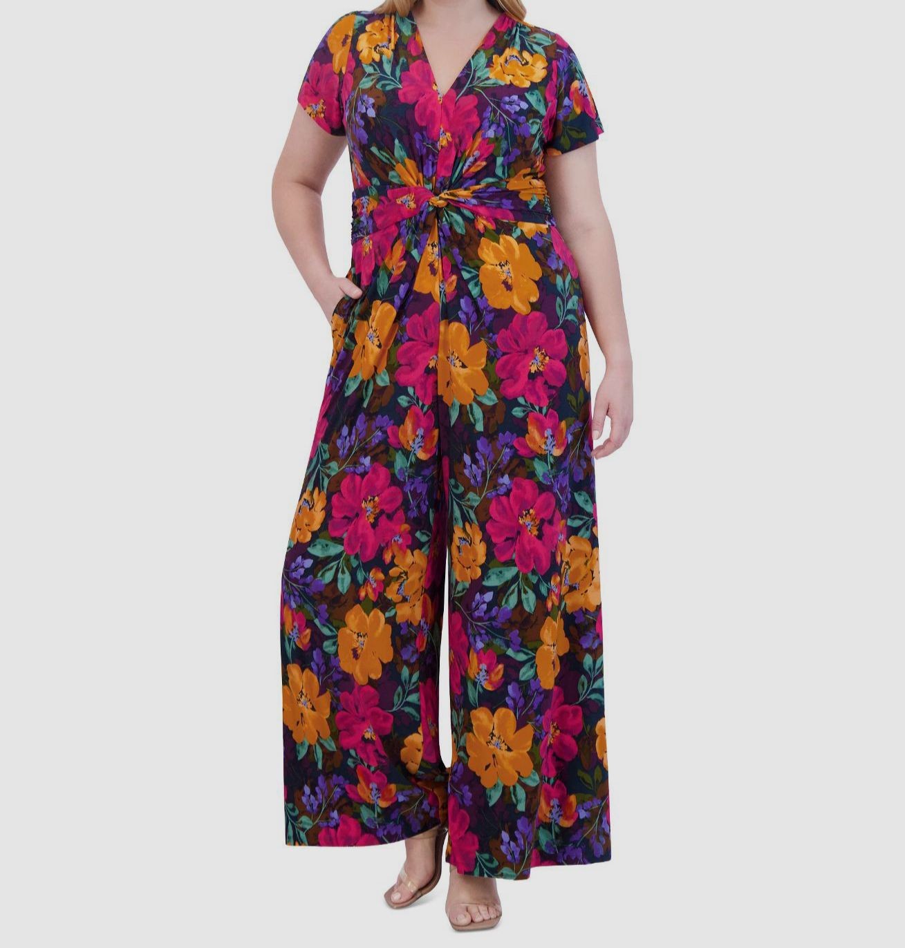 Vince Camuto Women’s Pink Floral Twist-Front Wide-Leg Jumpsuit Plus Size 2X