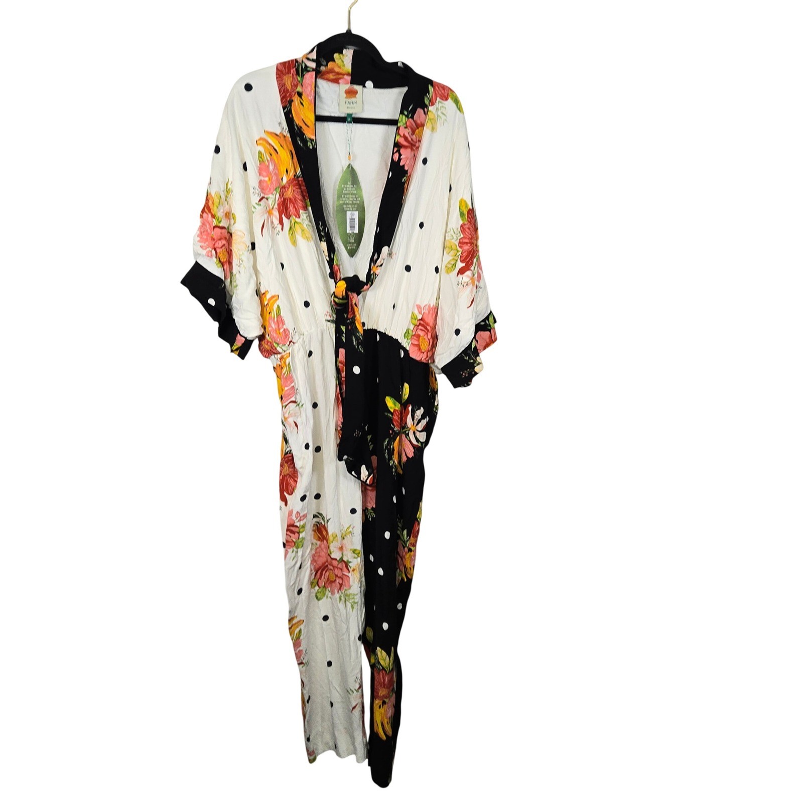 Farm Rio Mixed Nanaju Jumpsuit XL Floral Polka Dot Split Print V-Neck Tie Front