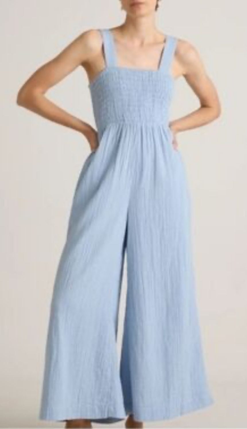Quince 100% Organic Cotton Gauze Smocked Wide Leg Jumpsuit in Ocean Breeze M