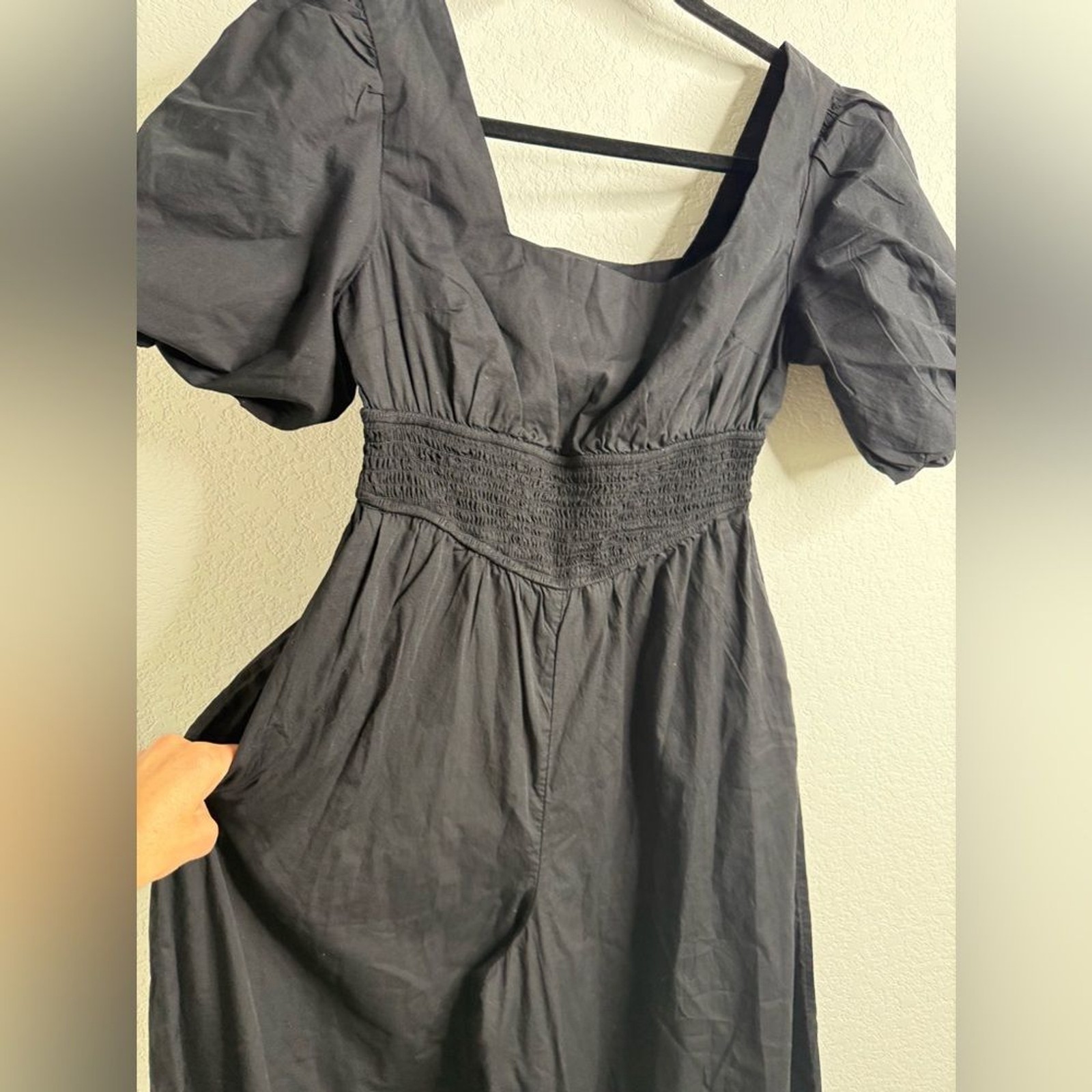 NWT Anthropologie Maeve Puff-Sleeve Smocked Culotte Jumpsuit Black Sz XS Tall