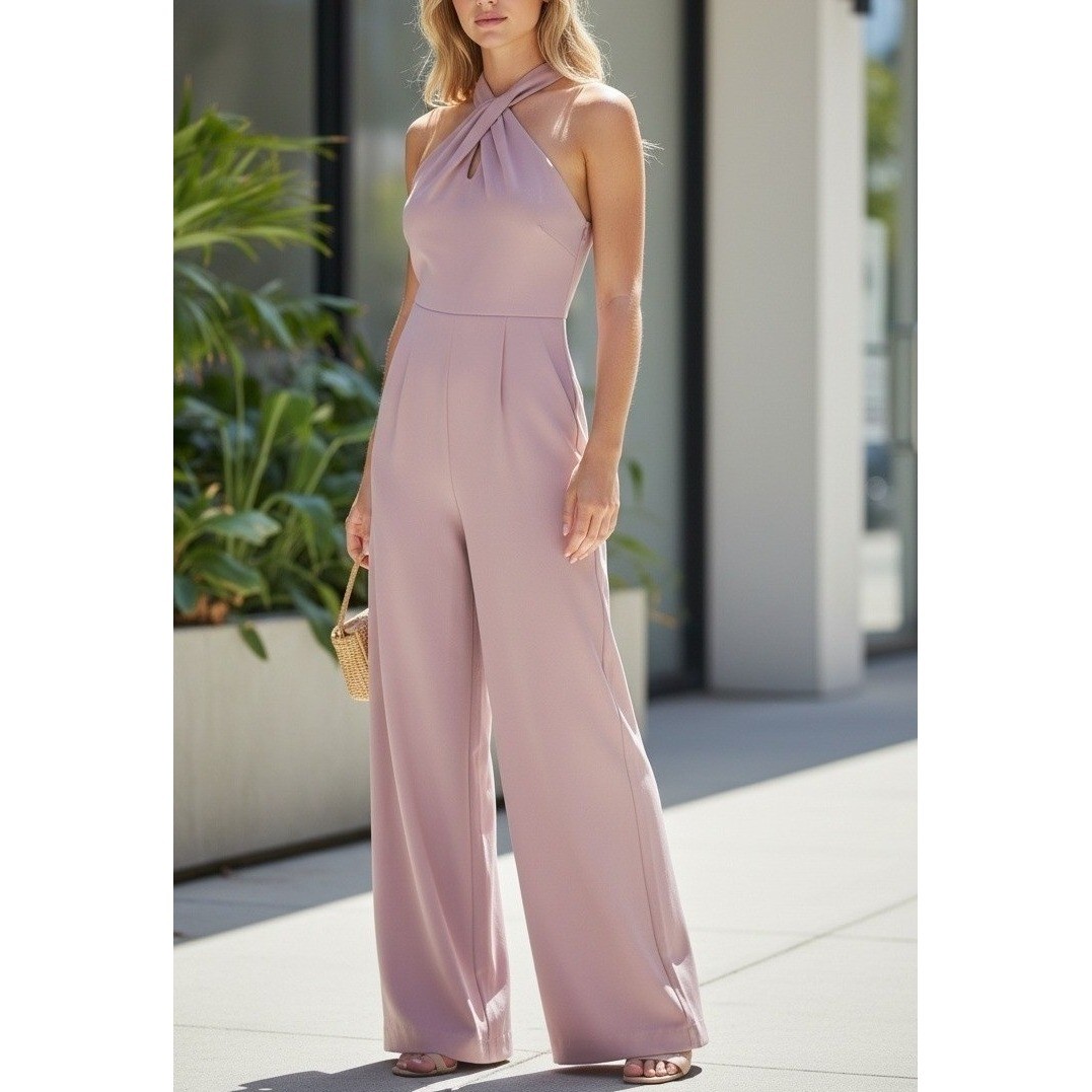 Julia Jordan Womens Light Mauve Halter Twist Keyhole Wide Leg Jumpsuit Size 10