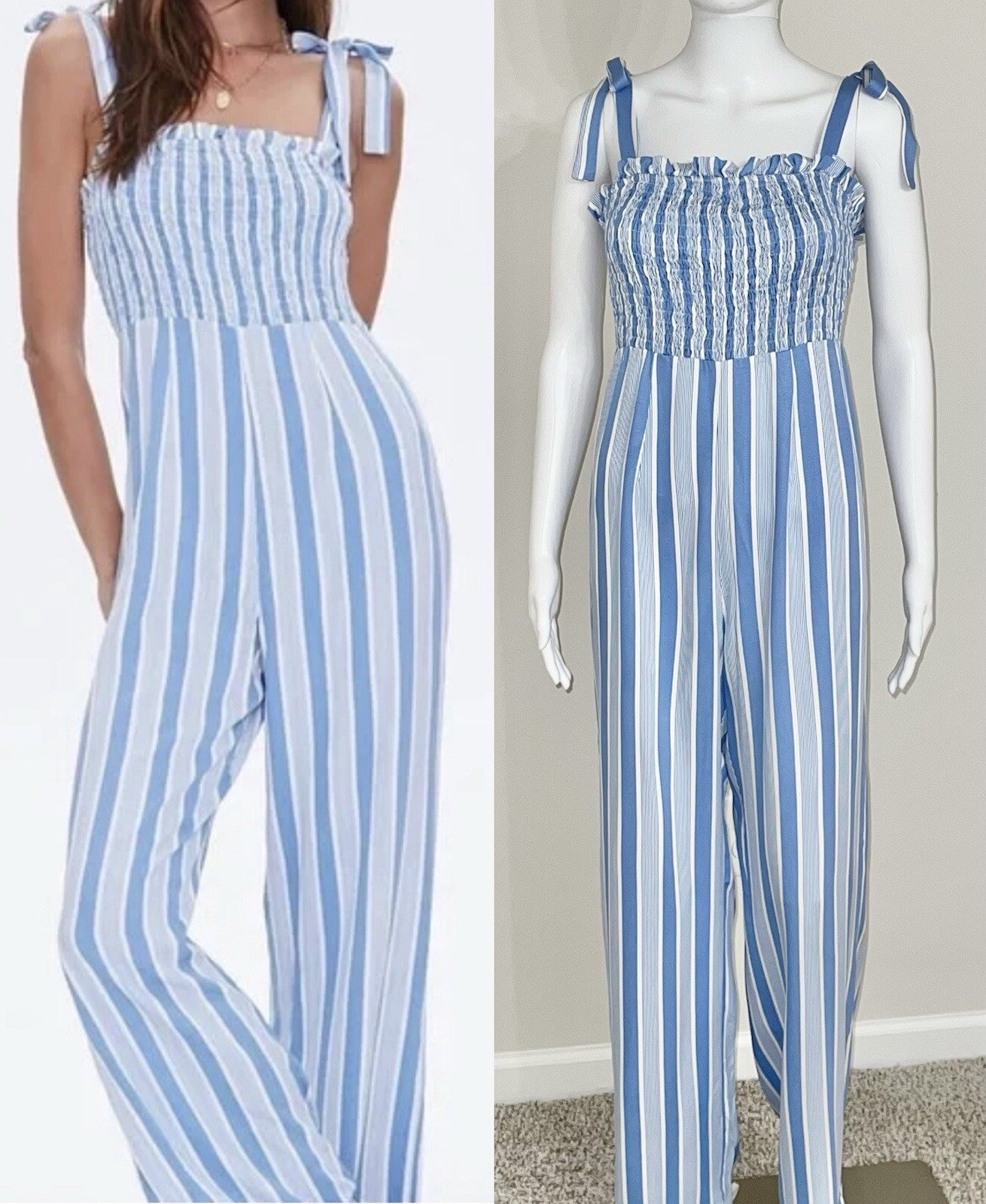 NWT Forever 21 Bridge Blue White Striped Wide-Leg Smocked Jumpsuit Size M