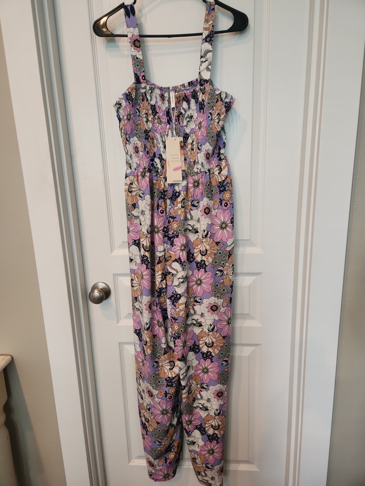 DOKOTOO Floral Purple Smocked Wide-Leg Jumpsuit Sleeveless 100% Viscose Size M