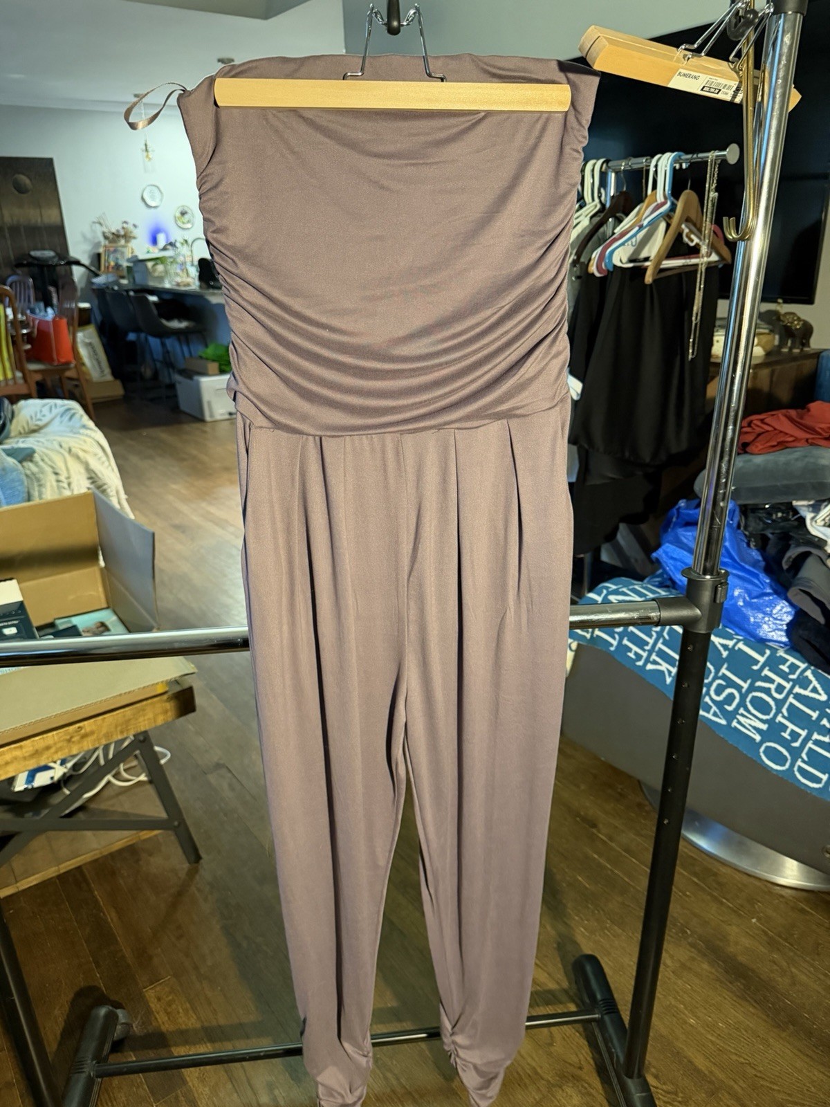 ADC Strapless Ruched Jumpsuit Women Large Purple Tapered Leg Jersey Pocket