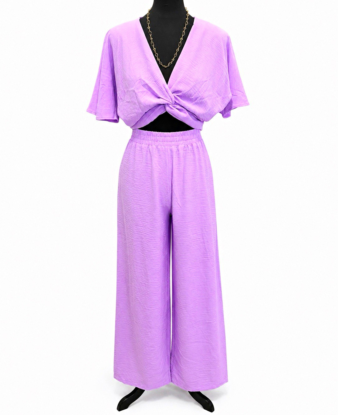 Zenana Women Purple Solid V-Neck Twist Front Wide-Leg 2 Piece Set Short Sleeve M