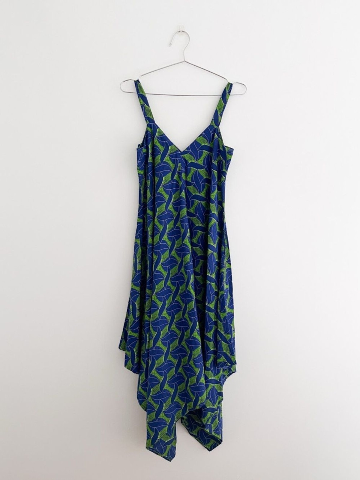 Oli Wide Leg Jumpsuit | Boho Blue Green Leaf Pattern | Handkerchief Hem | Size M