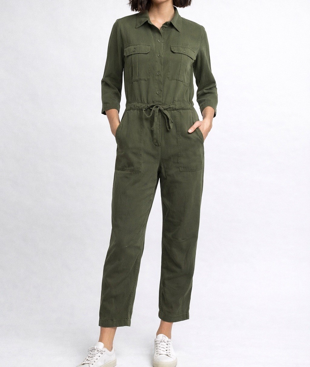 Max Studio Green Utility Jumpsuit XS Button Front Tie Waist Boiler Suit Grunge