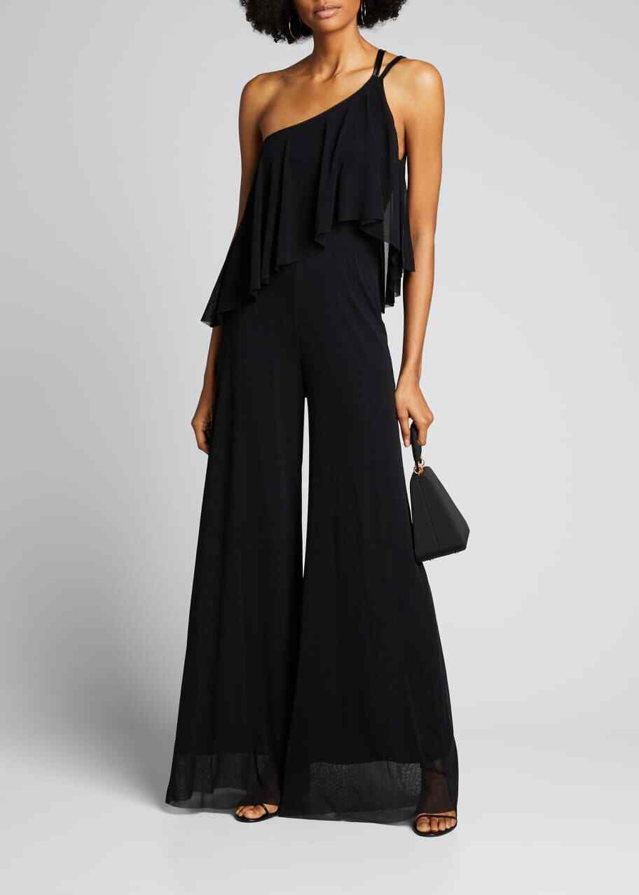 FUZZI Black Mesh One Shoulder Ruffle Popover Wide Leg Flare Pant Jumpsuit M 8/10