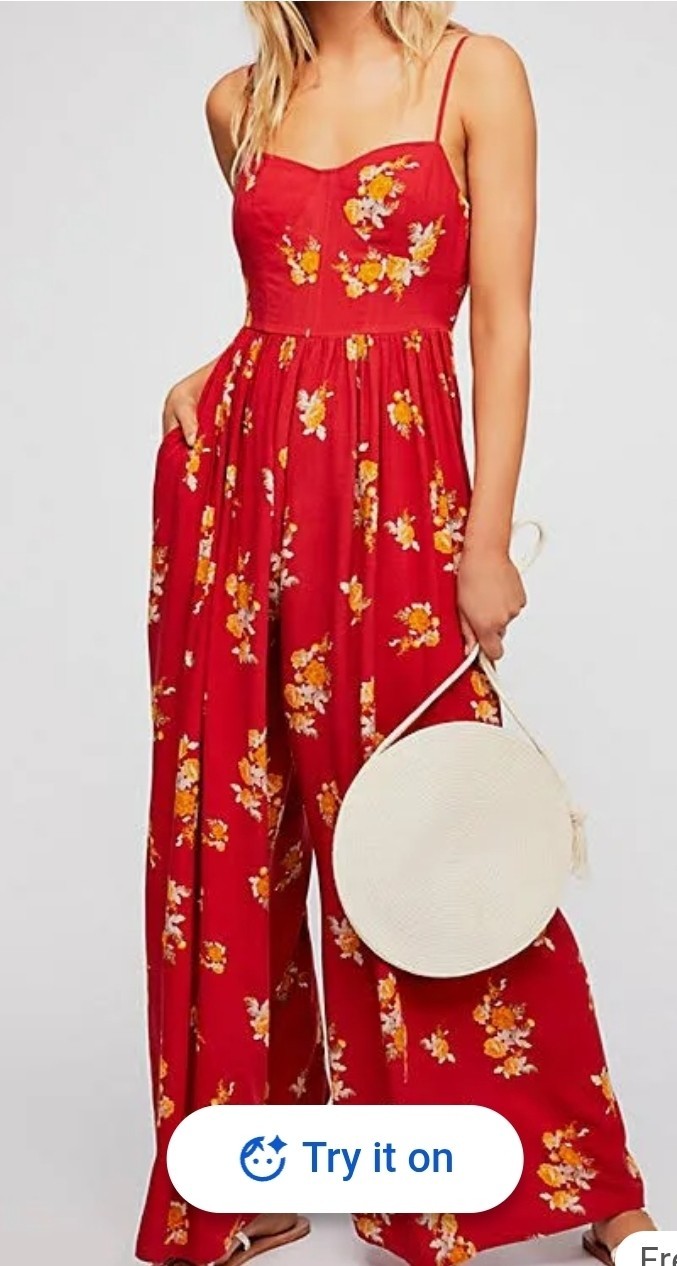 Free People Red What is Love Floral Wide Leg V-Neck Jumpsuit Straps Zip Sz 0