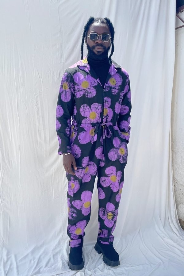 Osei Duro Fuga Jumpsuit Flight Suit Purple Flower Batik Cotton (Love Perfect) XL