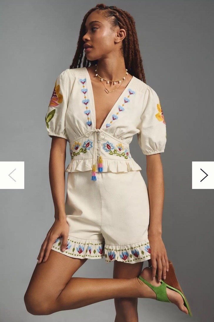 FARM RIO Embroidered Peplum Romper Linen Women’s Size S Ivory