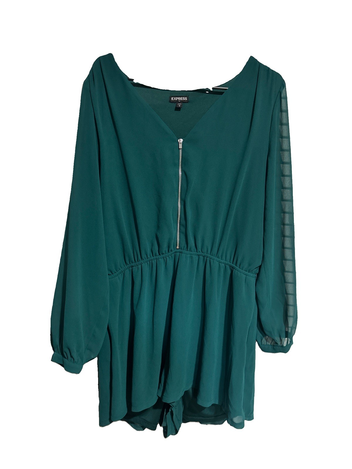 Express Women’s Large Green Chiffon Romper Long Sleeve Zip Front NWOT