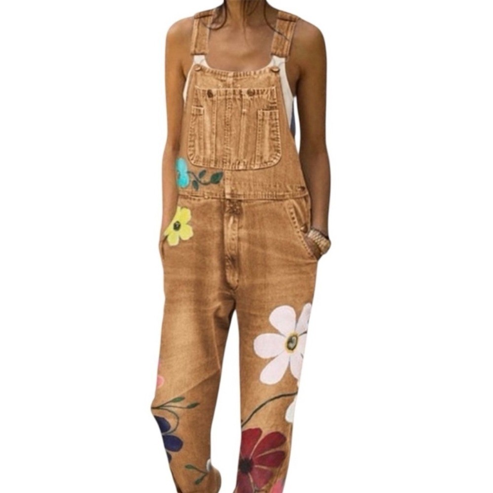 Misslook Womens Flower Painted Straight Leg Overall Pants Large L