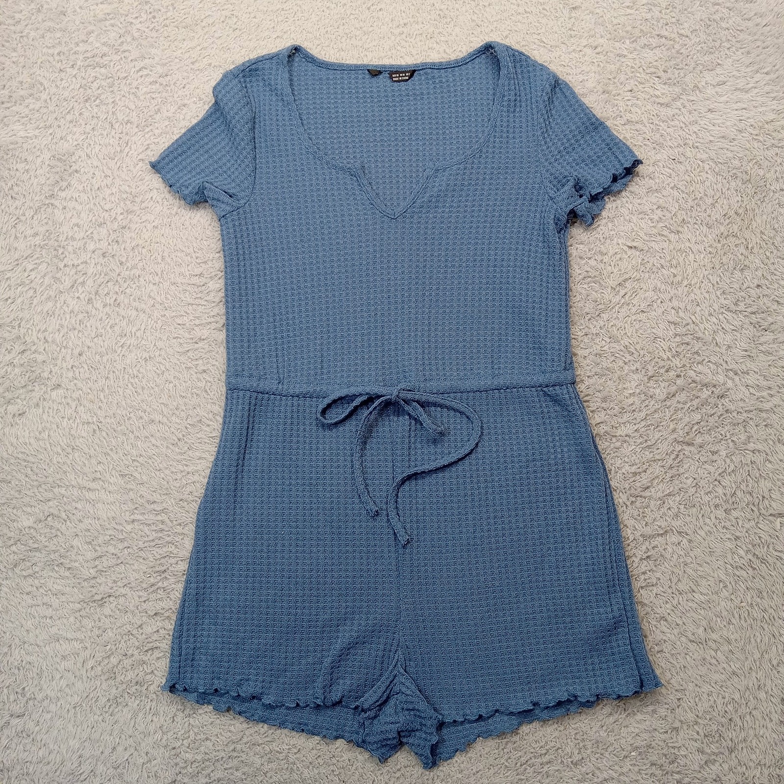 Women’s Waffle Romper XS Blue Tie Polyester Cotton