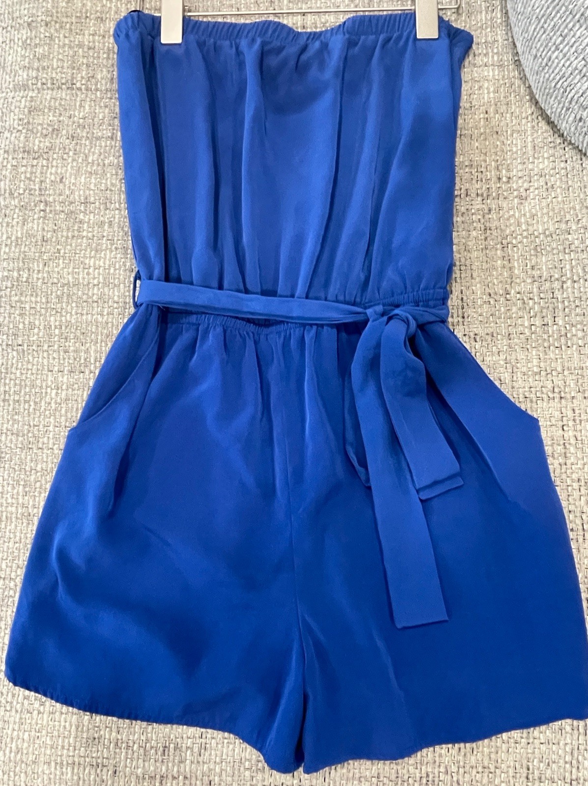 Forever 21 Strapless Royal Blue Tie-Waist Romper Elastic Waist Pockets Slit Hem