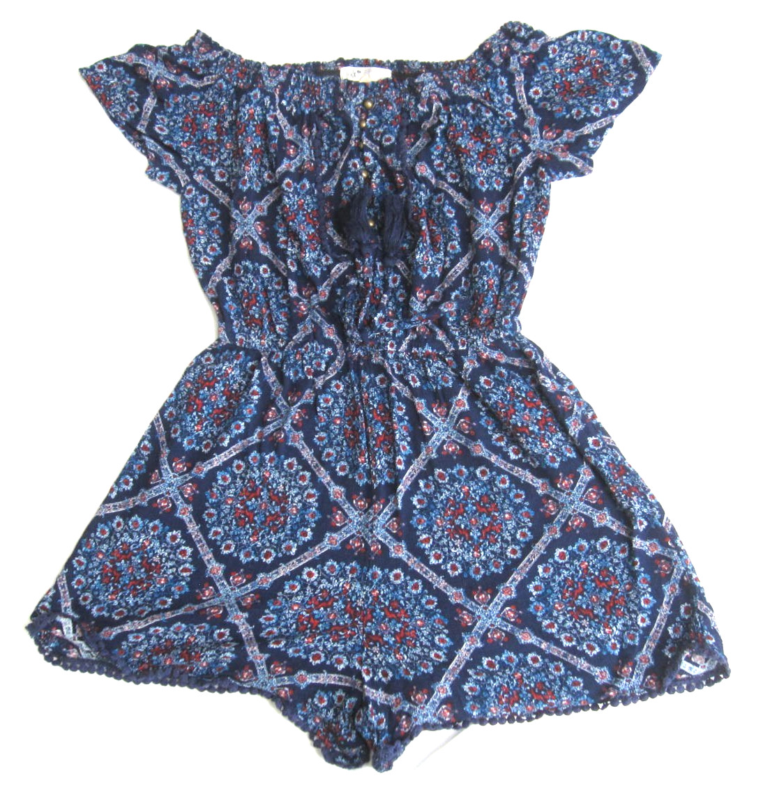 Jolt Floral Boho Romper Off The Shoulder Tie Front Tassels Festival Coastal