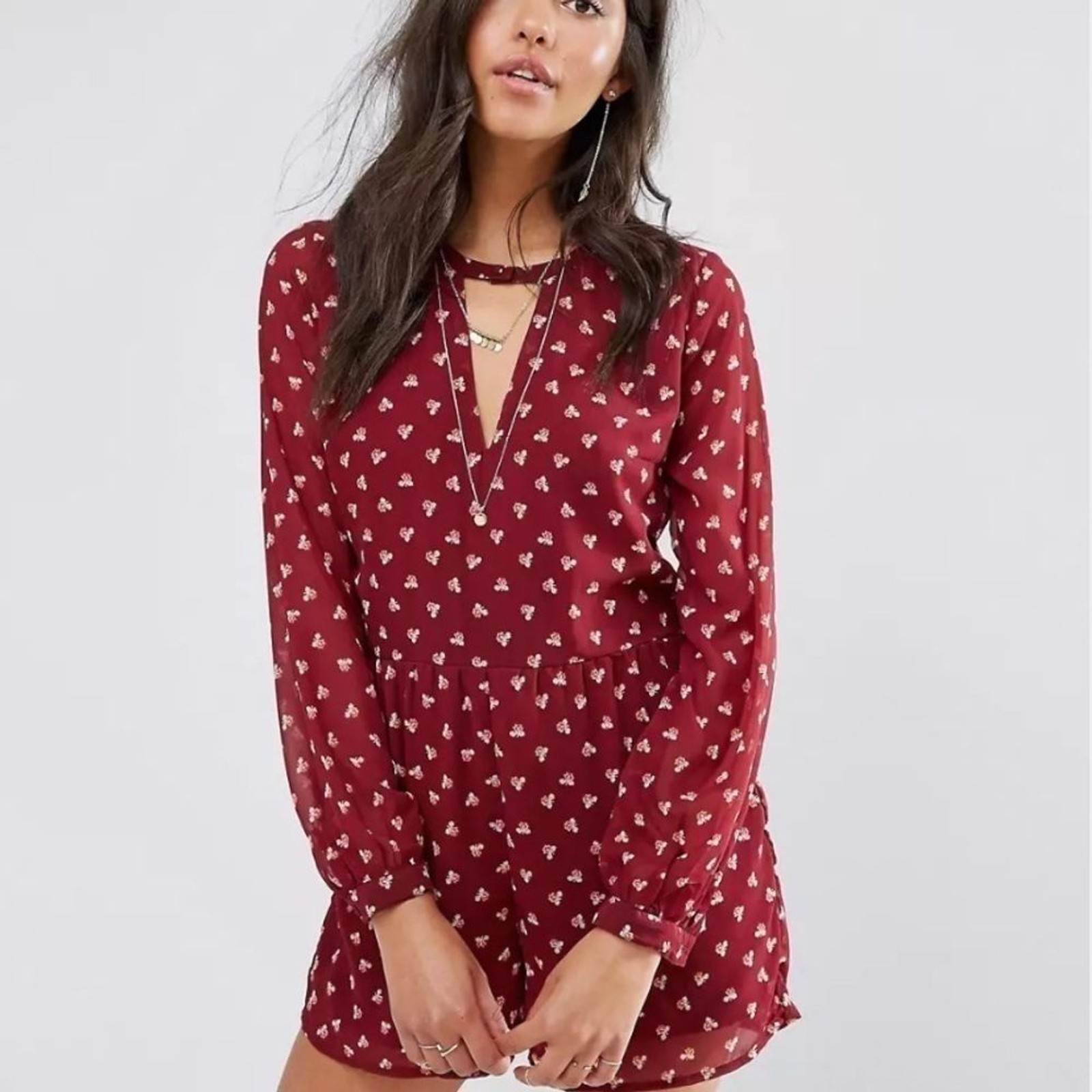 Abercrombie & Fitch Womens Long Sleeve Choker Neck Winter Floral Shorts Romper 0