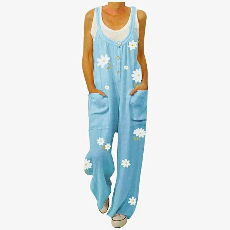 Blue Daisy Print Button Front Overalls with Pockets Size XL