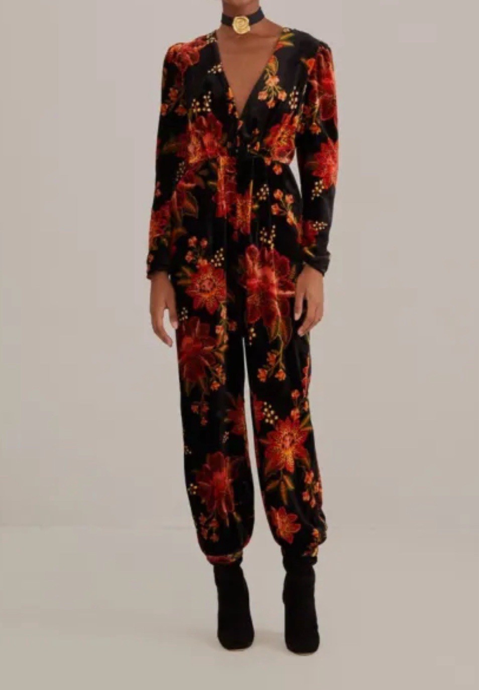 Farm Rio Black Winter Bloom V Neck Long Sleeve Jumpsuit In Multi Size Large New