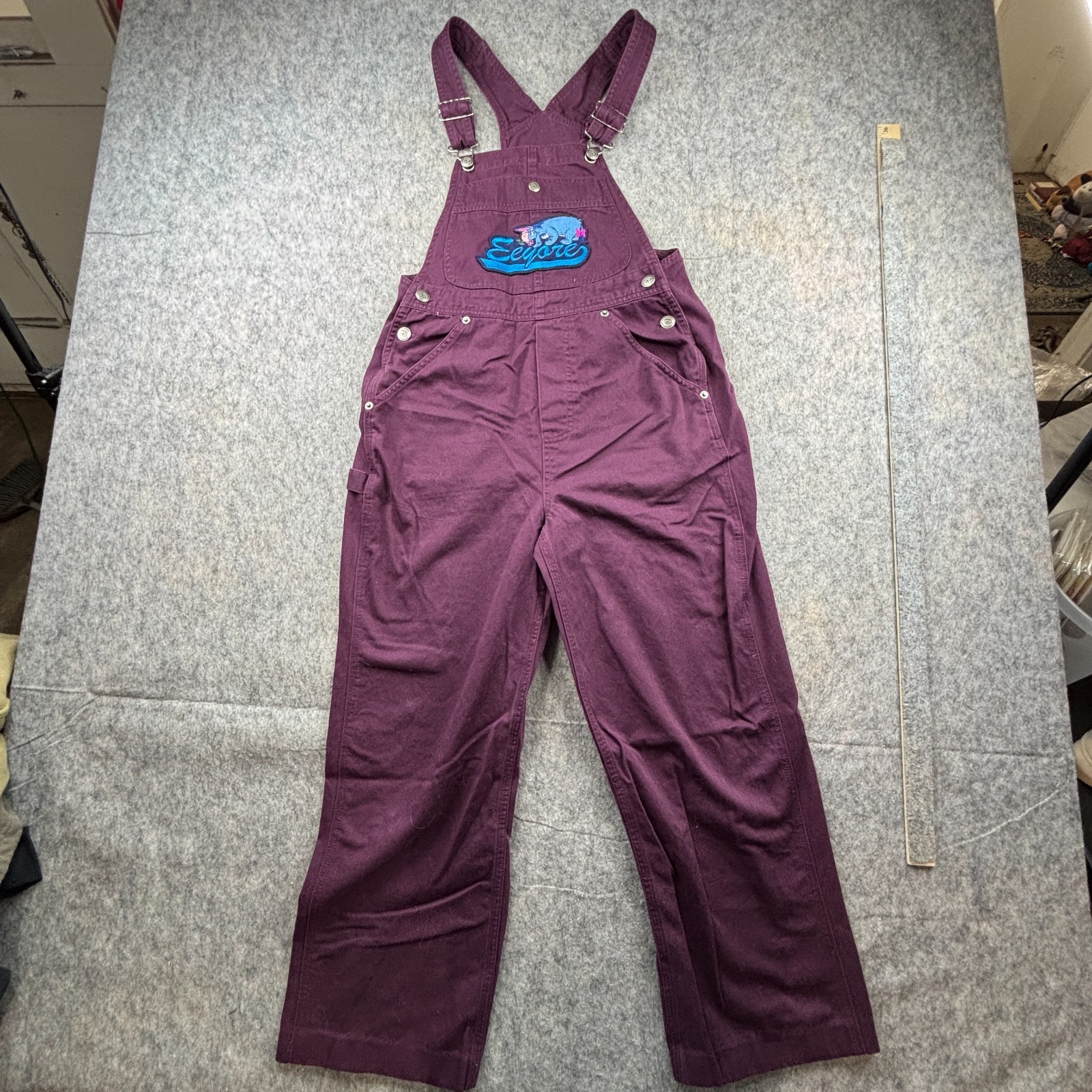 Vintage 90s Disney Eeyore Winnie The Pooh Overalls Womens XS Burgundy Denim