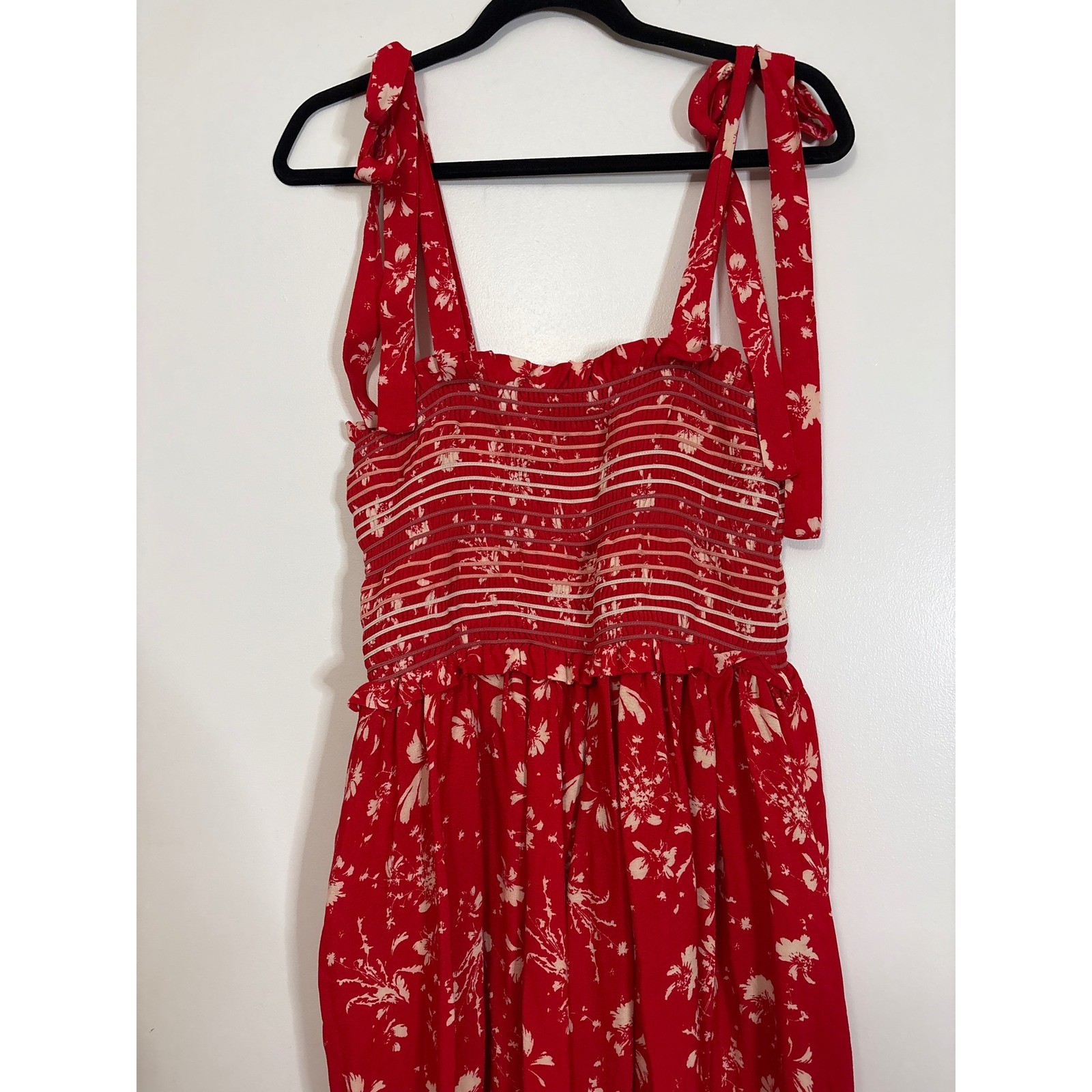 Free People Red Floral Smocked Wide Leg Jumpsuit Tie Shoulder Straps Medium