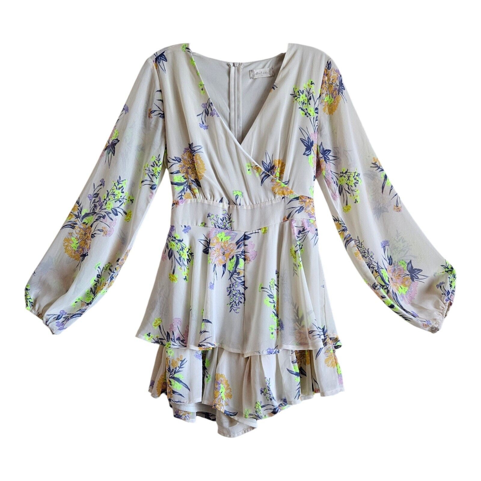 ALTAR’D STATE Women’s S Romper Dress Cream Floral Tiered Shorts Balloon Sleeve