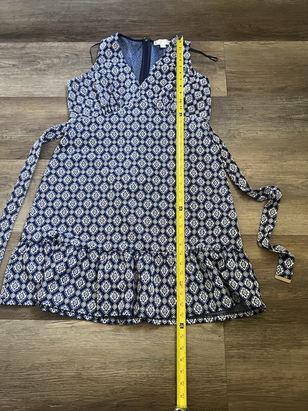 Michael Kors Blue White Geometric Print Dress Large Tie Waist Ruffle Hem