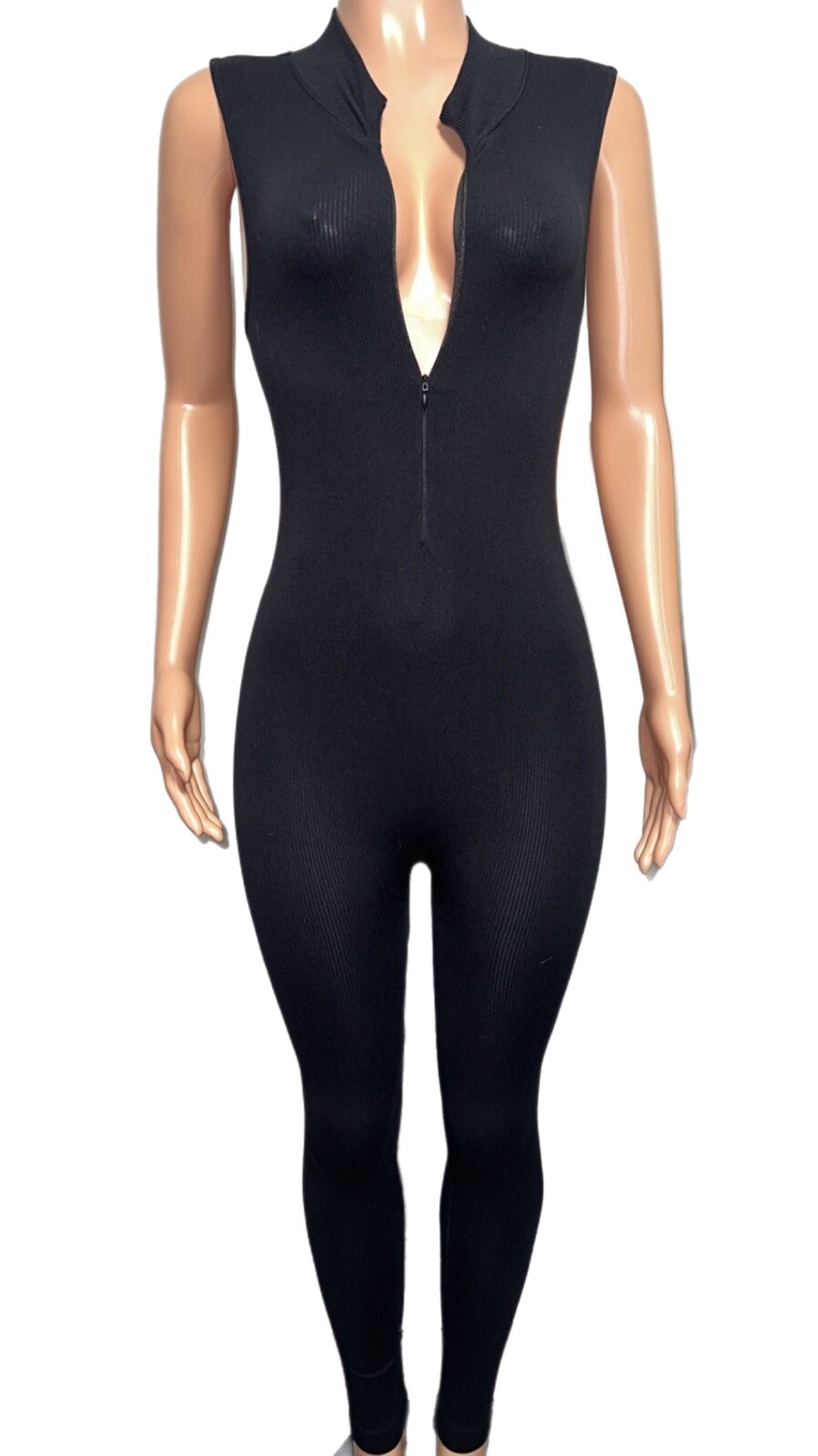 Black Ribbed Seamless Stretch Zipper Catsuit Jumpsuit Nwt Active Yoga 90s
