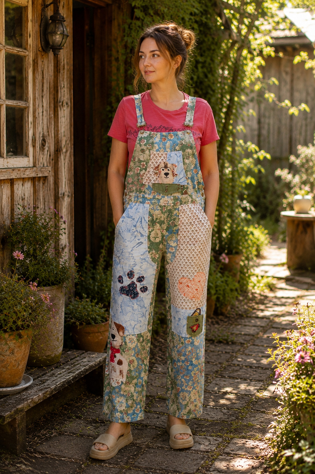 OOAK Upcycled Animal Art Overalls Jumpsuit Handmade Cottagecore М
