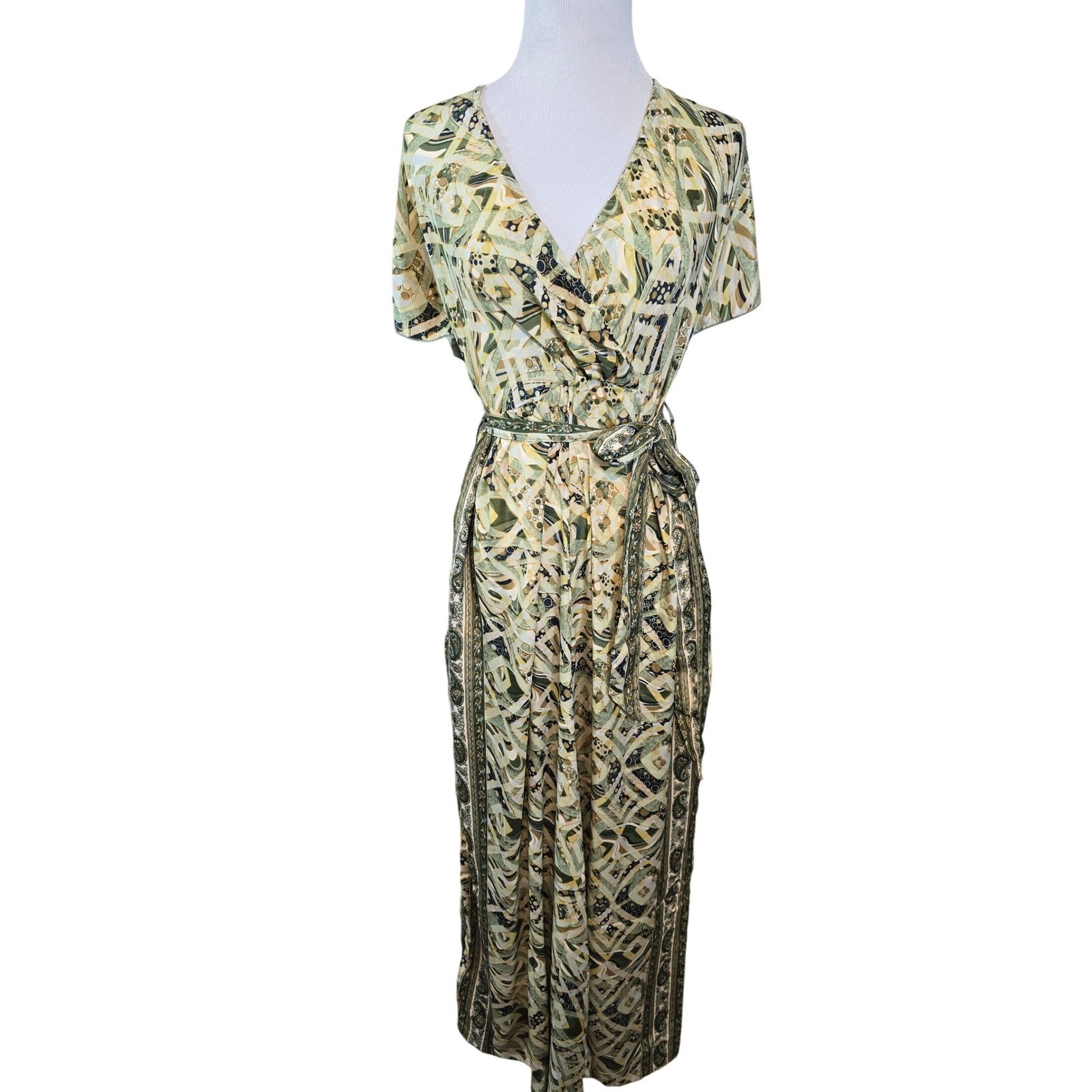 Wide Leg Jumpsuit Cut out Back Wrap V Neck Pockets Tie Waist Boho Print L XL
