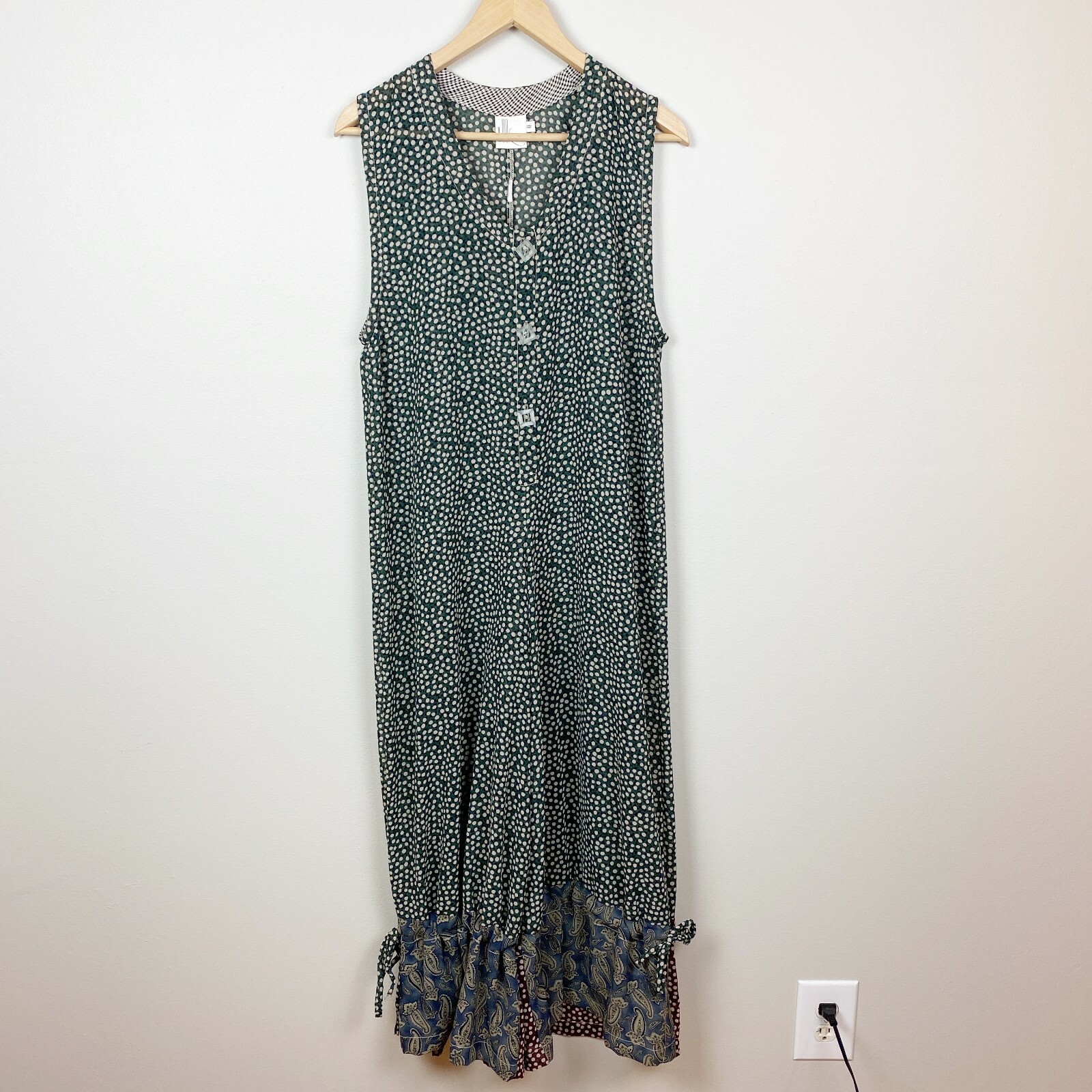 Look Jumpsuit Women Medium Green Sheer Polka Dots Buttons Oversized Crop Vintage