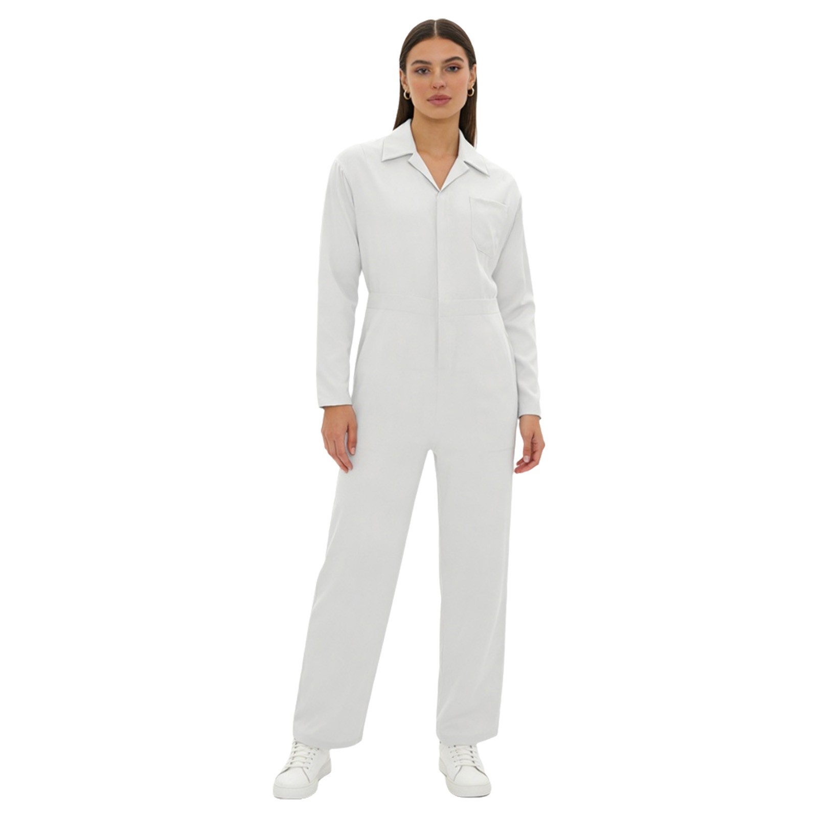 Womens Long Sleeve Coveralls Turn-down Collar Front Zipper Work Overalls