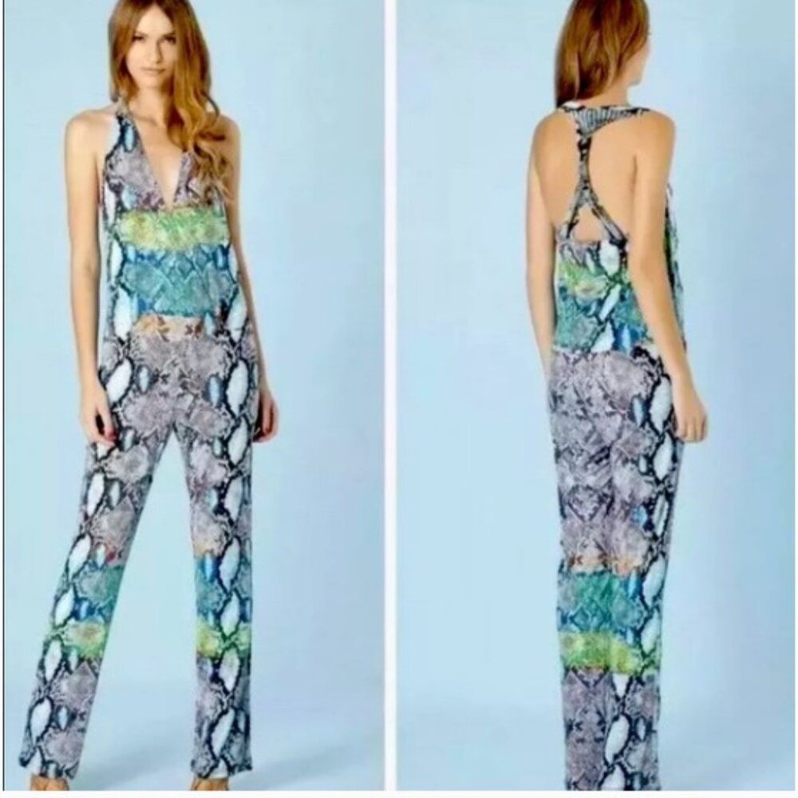 Hale Bob Sienna Halter Snakeskin Jumpsuit Snake Resortwear 70s Party Blue Green