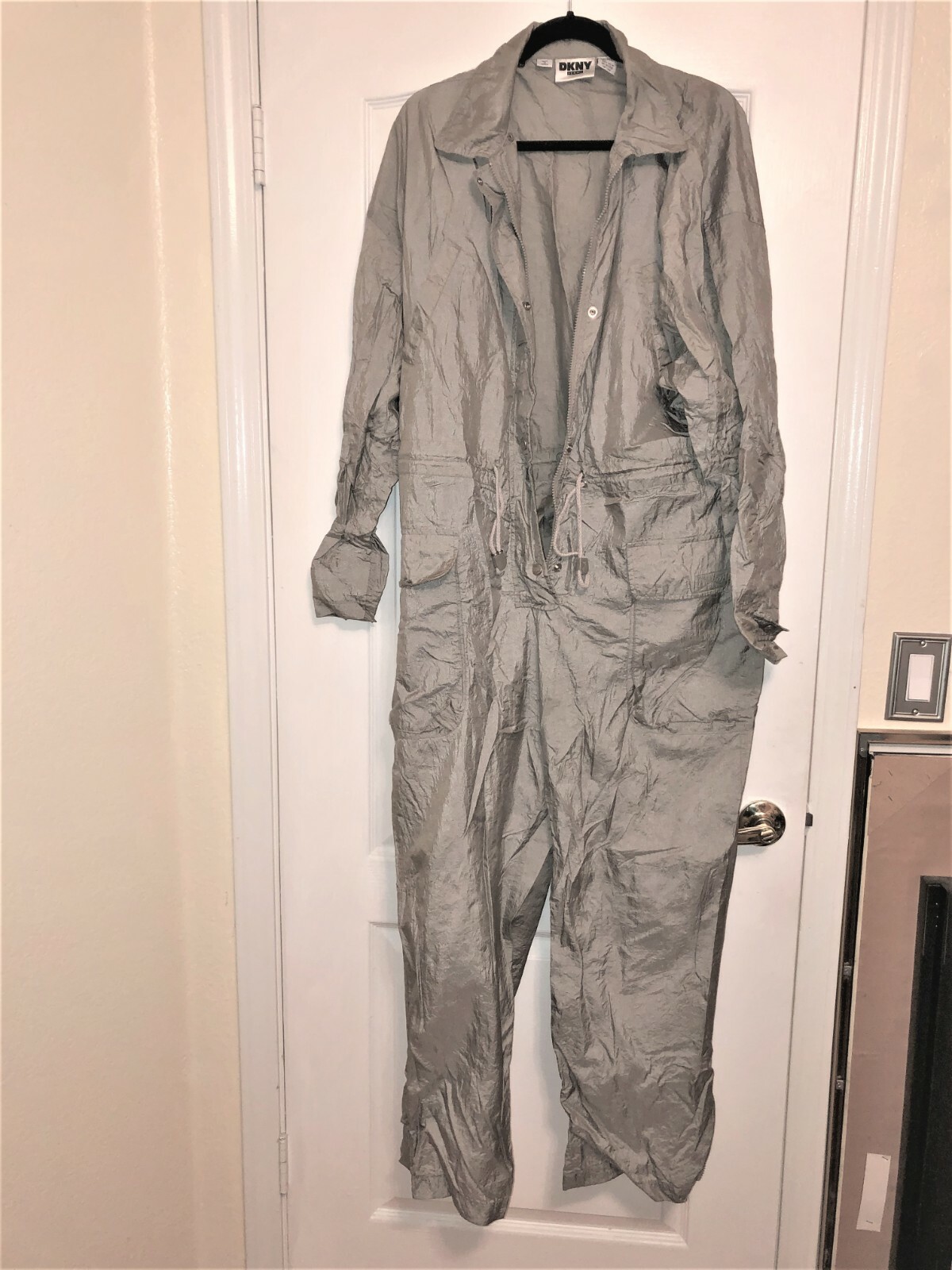 DKNY Silver Grey 100% Nylon One Piece Jumpsuit Slippery Nylon LARGE RARE Unlined