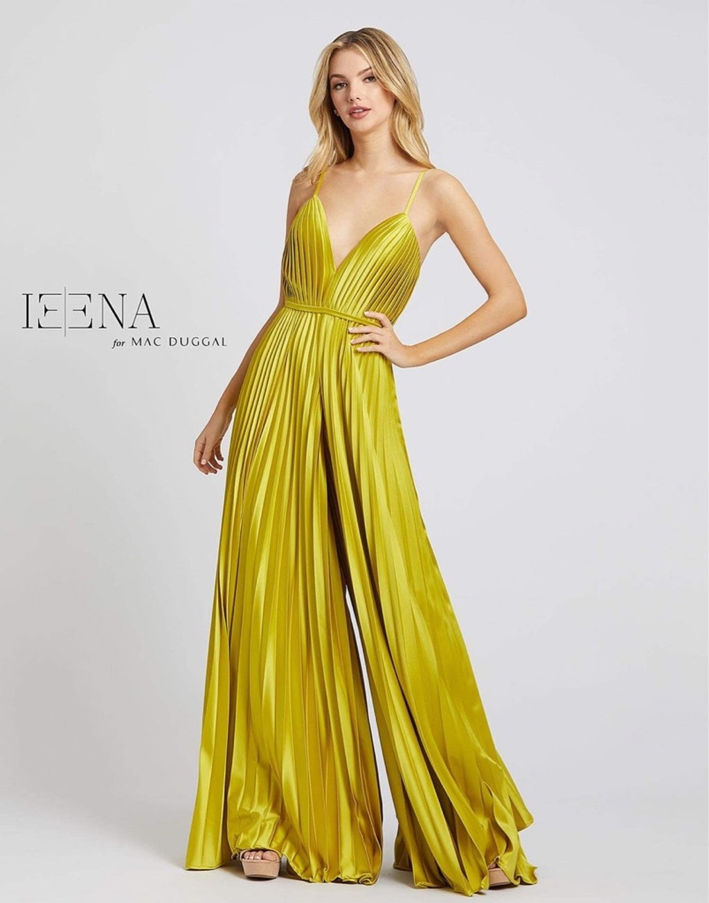 Women’s Mac Duggal Pleated V-Neck Jumpsuit in Yellow Size 2
