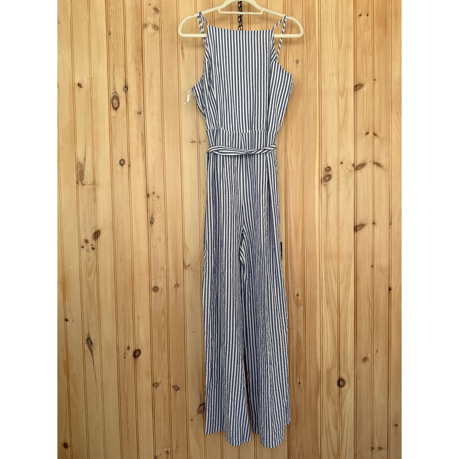 NWT Lulus Messina Blue Striped Wide-Leg Jumpsuit Belted Nautical Casual Sz XL