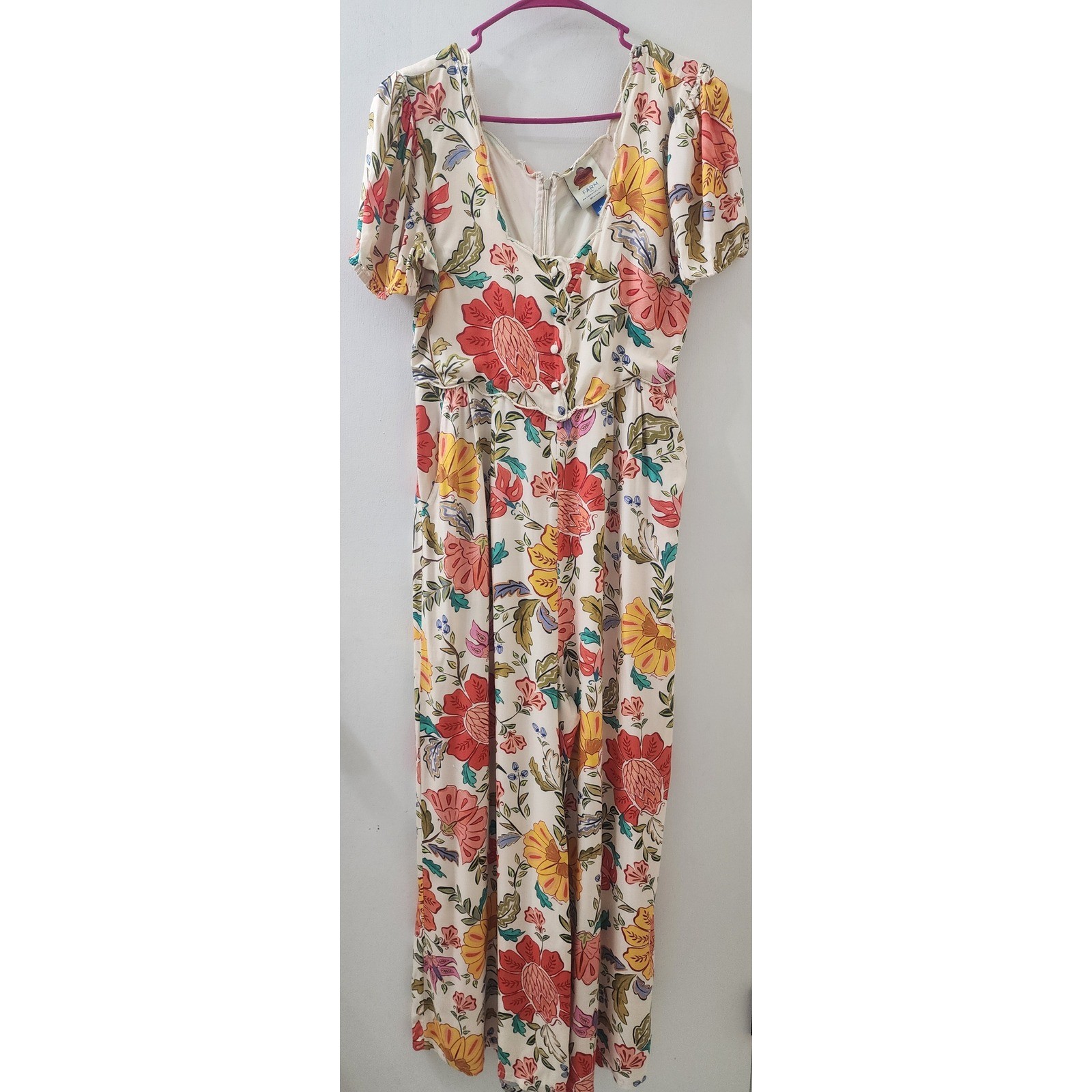 Farm Rio for Anthropologie Floral Puff Sleeve Wide Leg Jumpsuit Womens Medium