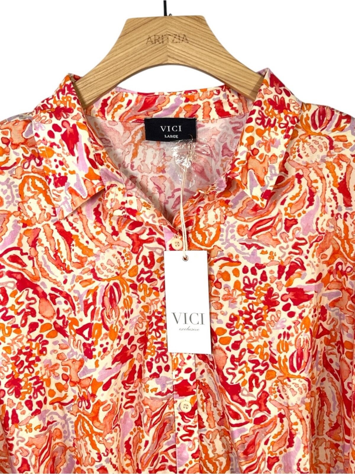 NWT VICI Orange and Pink Belted Romper with Long Bell Flare Sleeve Size Large