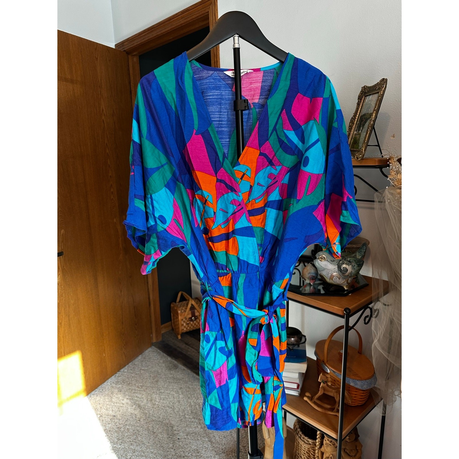 Cupshe Wild Zephyr Tropical Romper Blue Abstract V-Neck Wrap Belted Summer