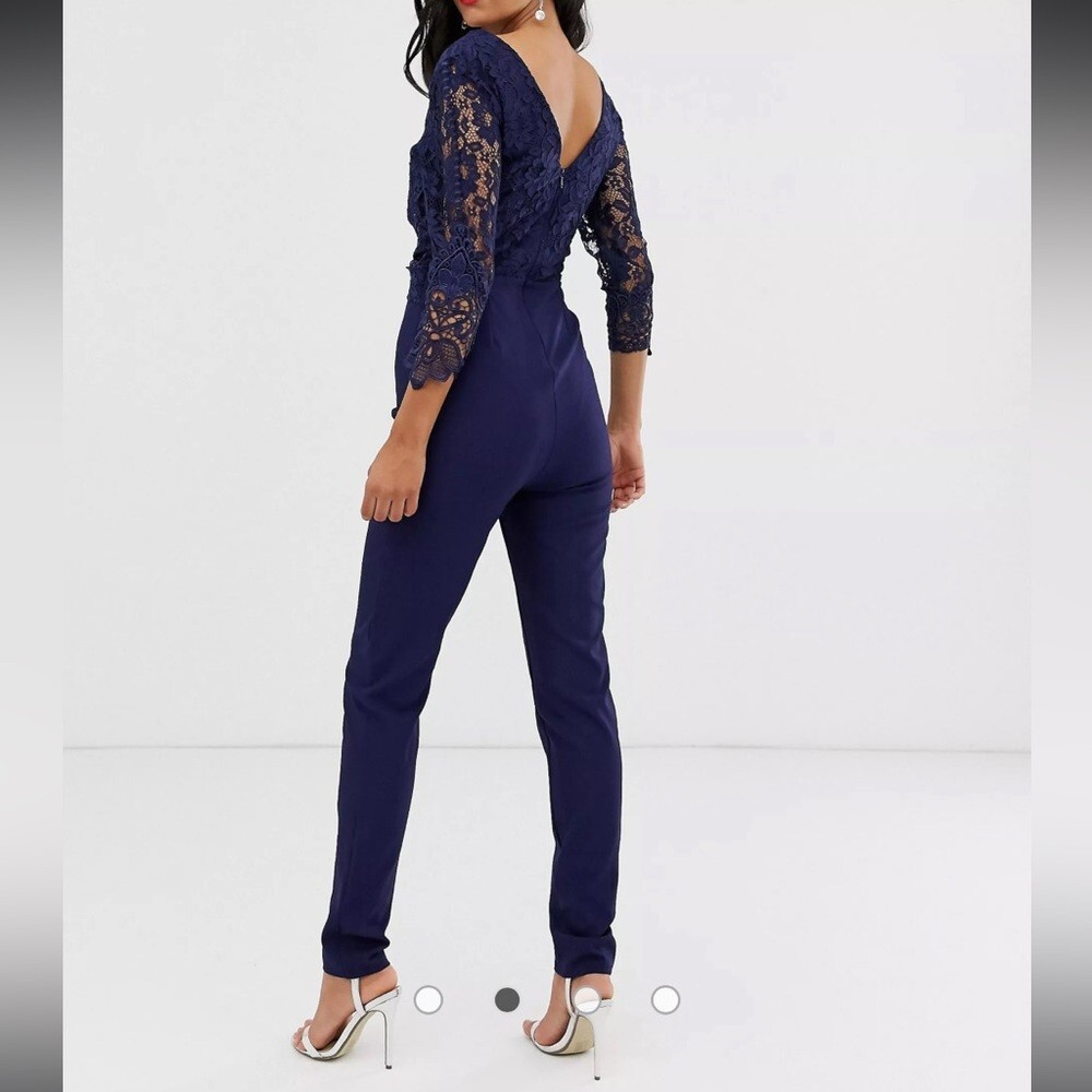 NEW Navy Blue Lace Jumpsuit 2 Tall euro 34 3/4 longsleeve NWT sz XS catsuit Chic
