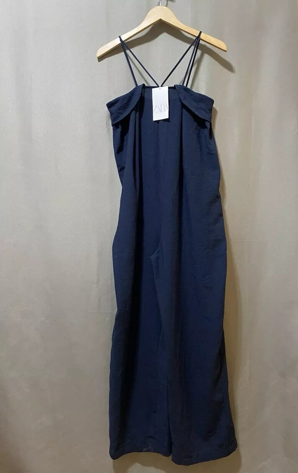 New ZARA Women Navy Blue Sleeveless Spaghetti Straps Wide Leg Jumpsuit size S