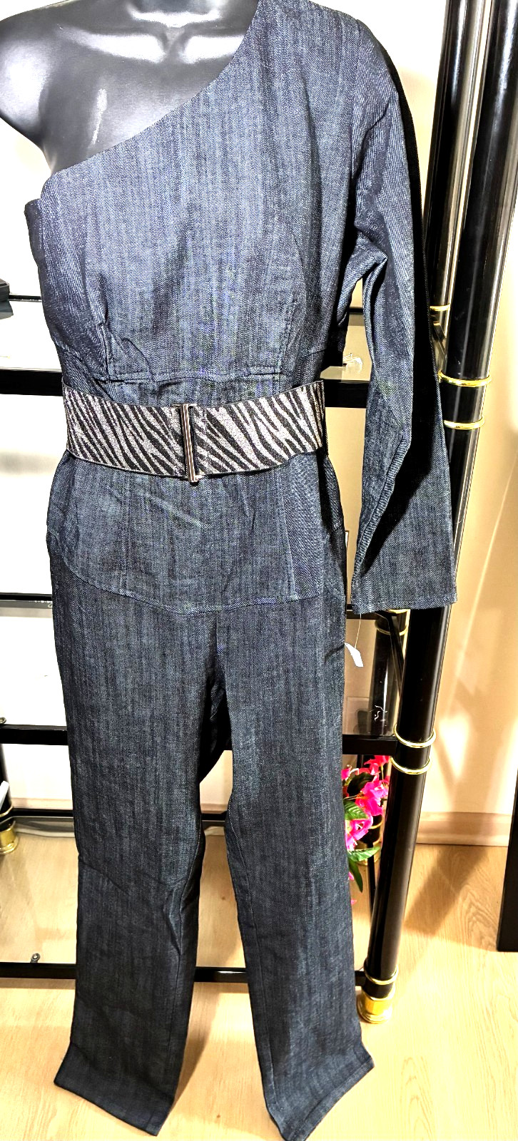 NWT Ashley Stewart Denim Jumpsuit 4″ Zebra Print Belt Elastic (Dark Gray)-SZ 14W